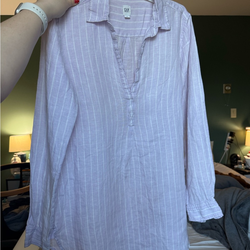 GAP 100% Linen Lavender and White Striped Shirt Tunic Blouse